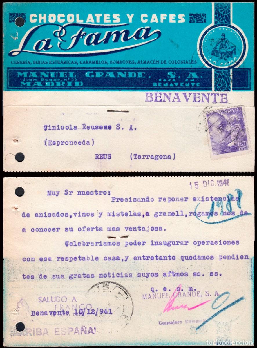 Sellos: Zamora - Edi o TP 922 - Postal membrete &rdquo;Chocolates La Fama&rdquo; - Mat &rdquo;Benavente 10/12/41&rdquo;