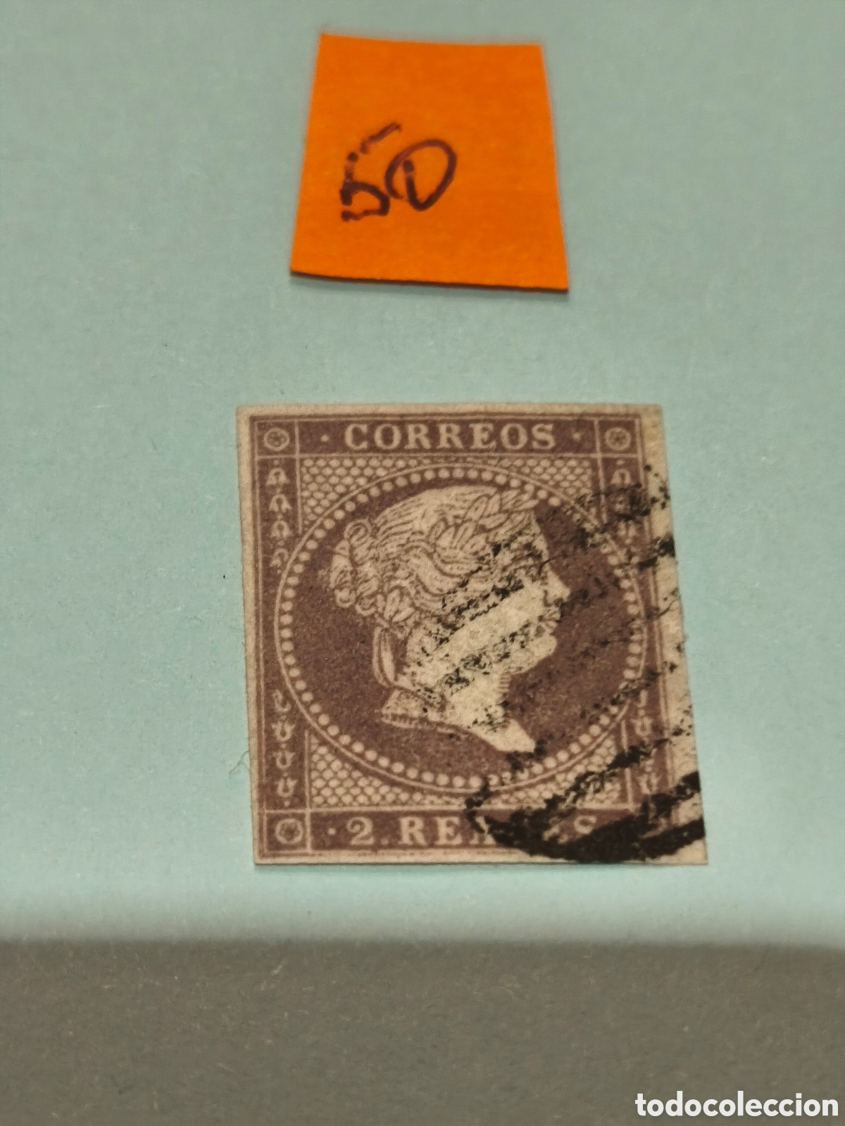 Sellos: Sello cl&aacute;sico de Espa&ntilde;a n 50 usado parrilla negra 2 reales granate papel blanco ver