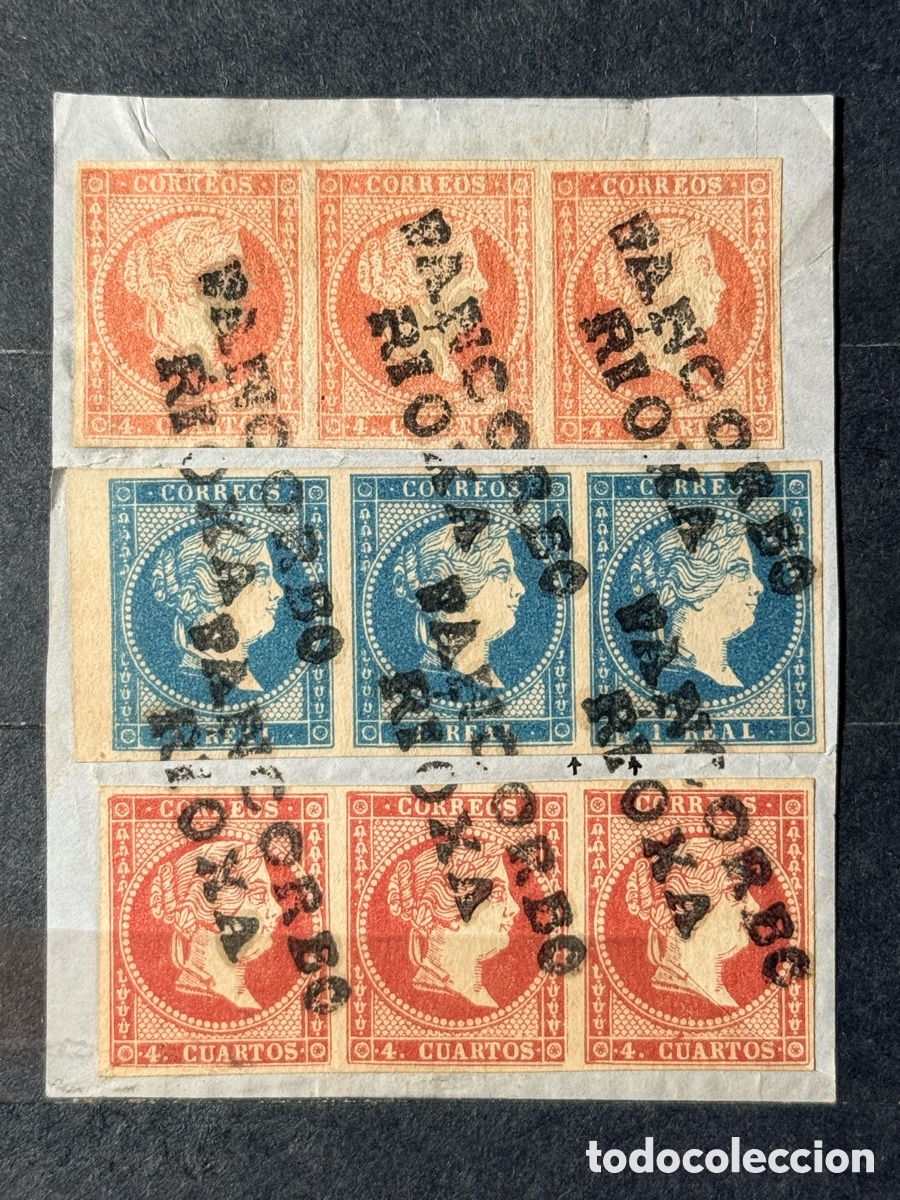 Sellos: Espa&ntilde;a. 1855. Isabel II. Edifil 48, 48B y 49. Marcas prefilat&eacute;licas. Usados.