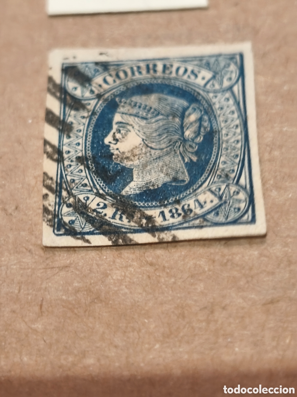 Sellos: Sello cl&aacute;sico de Espa&ntilde;a n 59 usado parrilla negra ,grandes m&aacute;rgenes 2 reales azul ,ver lujo
