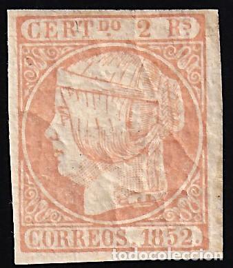 Sellos: ESPA&Ntilde;A, 1852 EDIFIL N&ordm; 14 /*/, 2 r. naranja p&aacute;lido