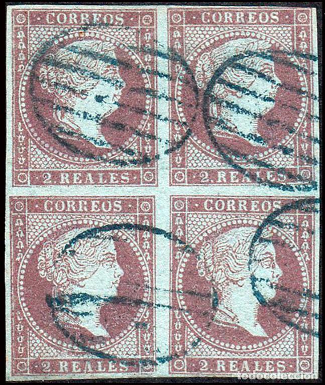 Sellos: Espa&ntilde;a - Edi o 42 Bl. 4 - 2 reales - 1855 - Isabel II - Mat Parrilla azul