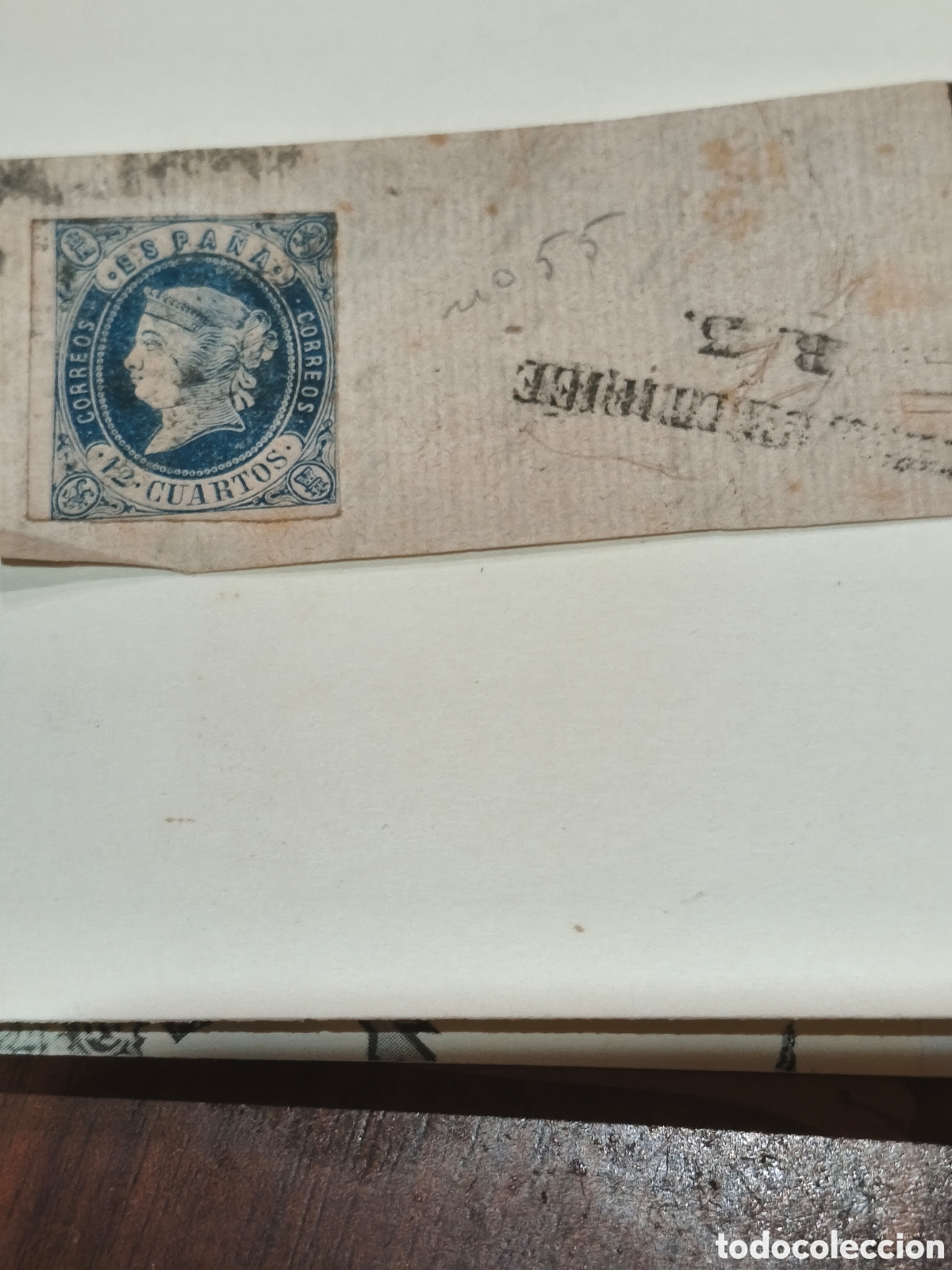 Sellos: Sello cl&aacute;sico de Espa&ntilde;a n 59 usado sobre fragmento de carta 12 cuartos azul escaso ber