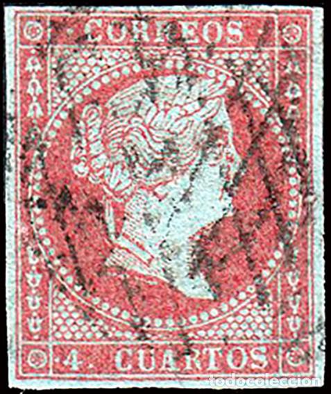 Sellos: Espa&ntilde;a - Edi o 40 - 1855 - 4 cuartos - Isabel II - Mat doble Parrilla cruzada