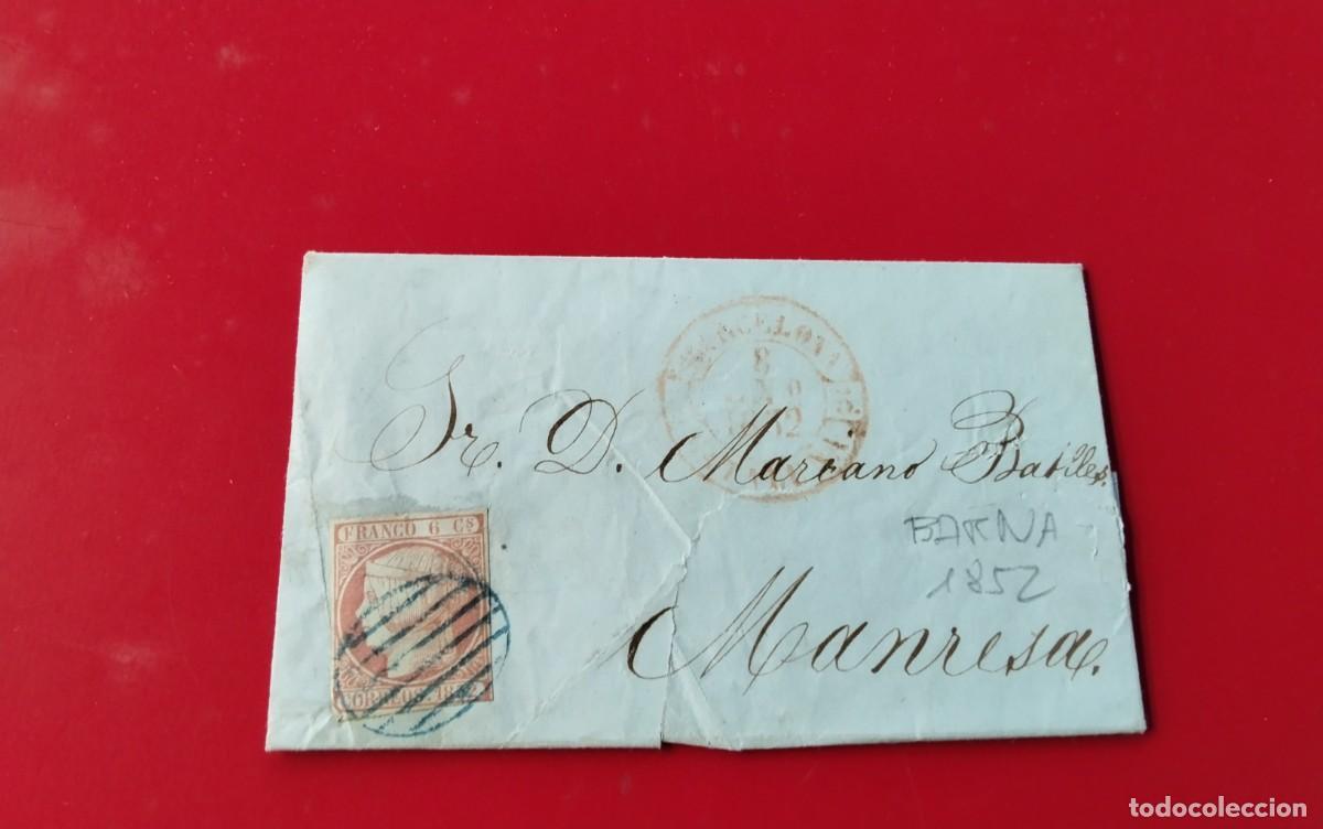 Sellos: BARCELONA ENVUELTA CIRCULADA A MANRESA A&Ntilde;O 1852 FRANQUEO EDIFIL 12 , MATASELLO PARRILLA