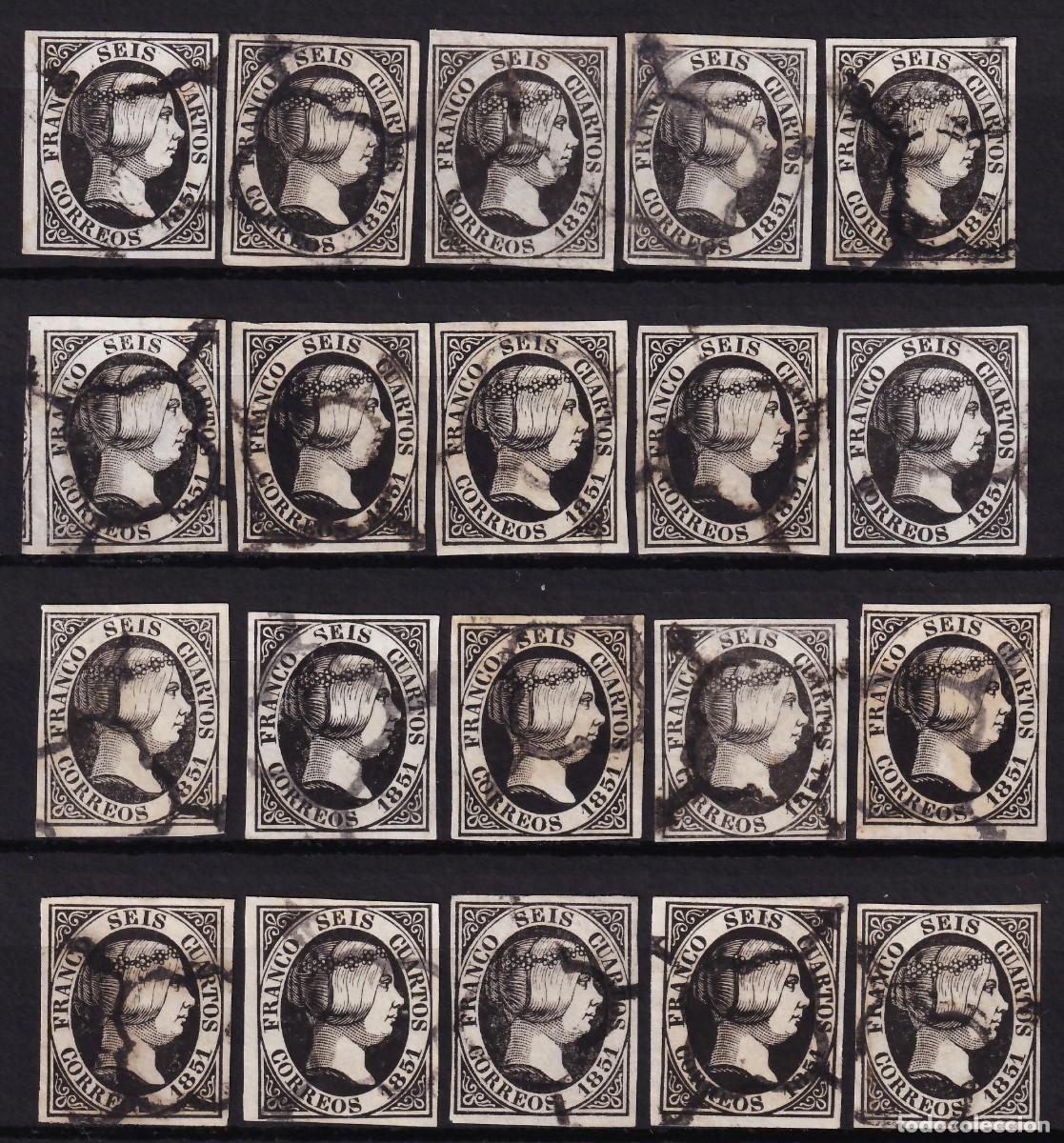 Sellos: ESPA&Ntilde;A, 1851 EDIFIL N&ordm; 6p, 6 cu. negro (x20), [Papel Grueso, ]
