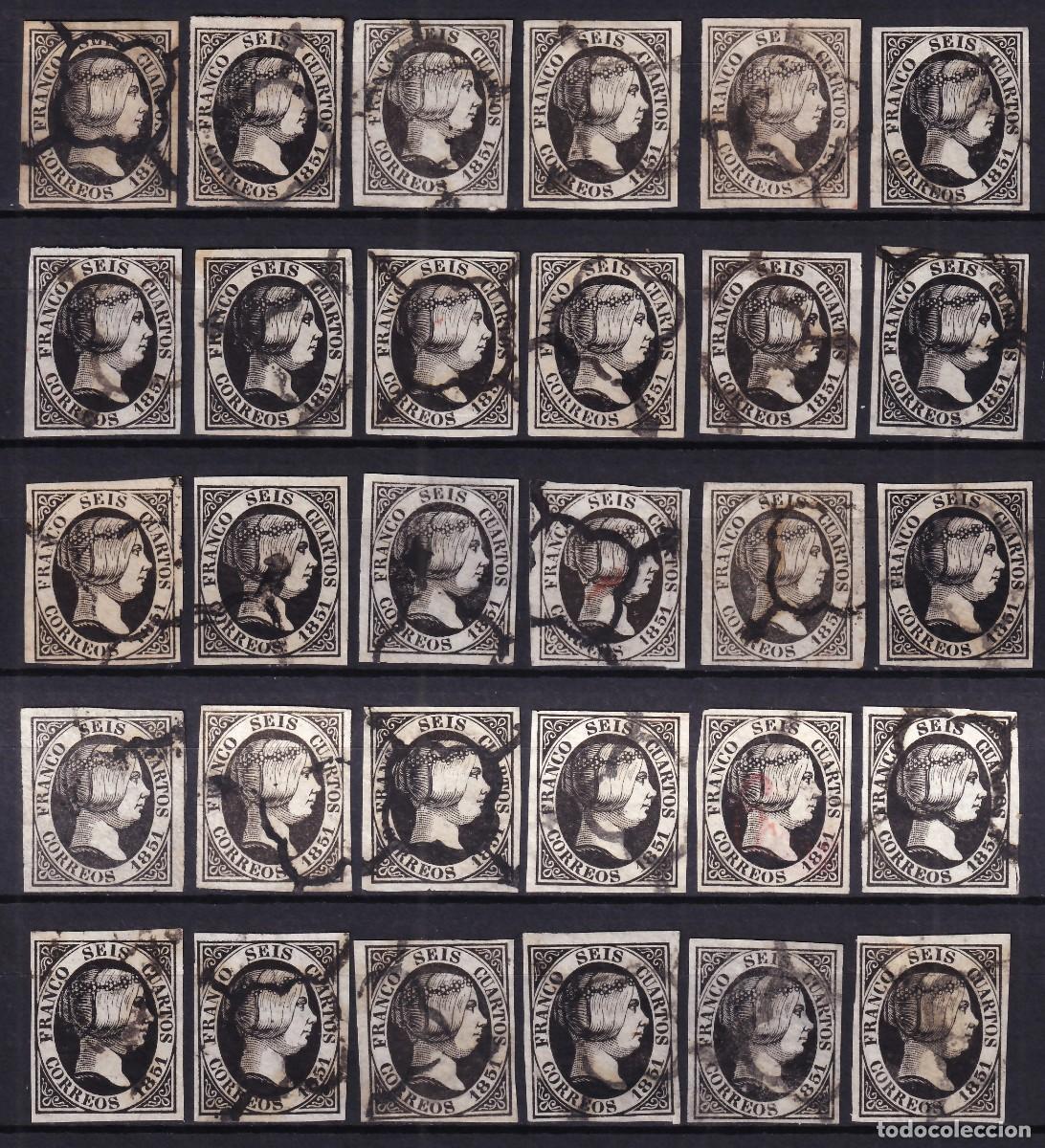 Sellos: ESPA&Ntilde;A, 1851 EDIFIL N&ordm; 6, 6 cu. negro (x30), [Papel fino.]