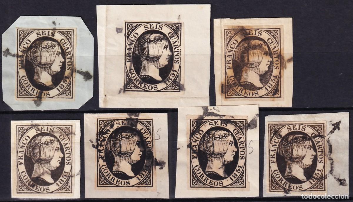 Sellos: ESPA&Ntilde;A, 1851 EDIFIL N&ordm; 6, 6 cu. negro (x7), [Sobre Fragmento.]