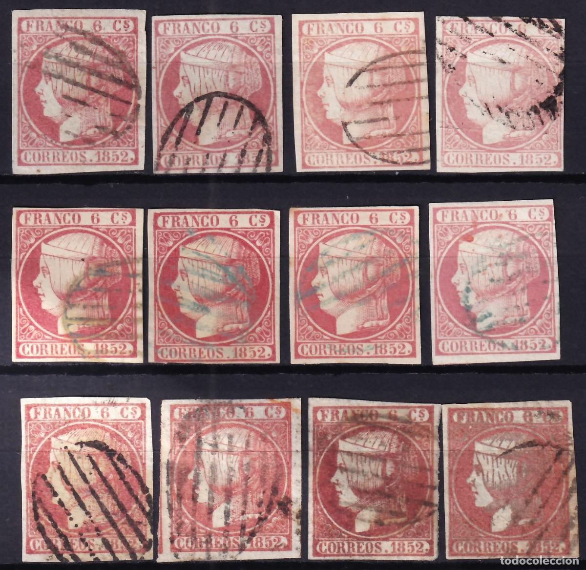 Sellos: ESPA&Ntilde;A, 1852 EDIFIL N&ordm; 12, 6 cu. rosa, rosa oscuro y carm&iacute;n, (x12), [Distintos colores y papel.]