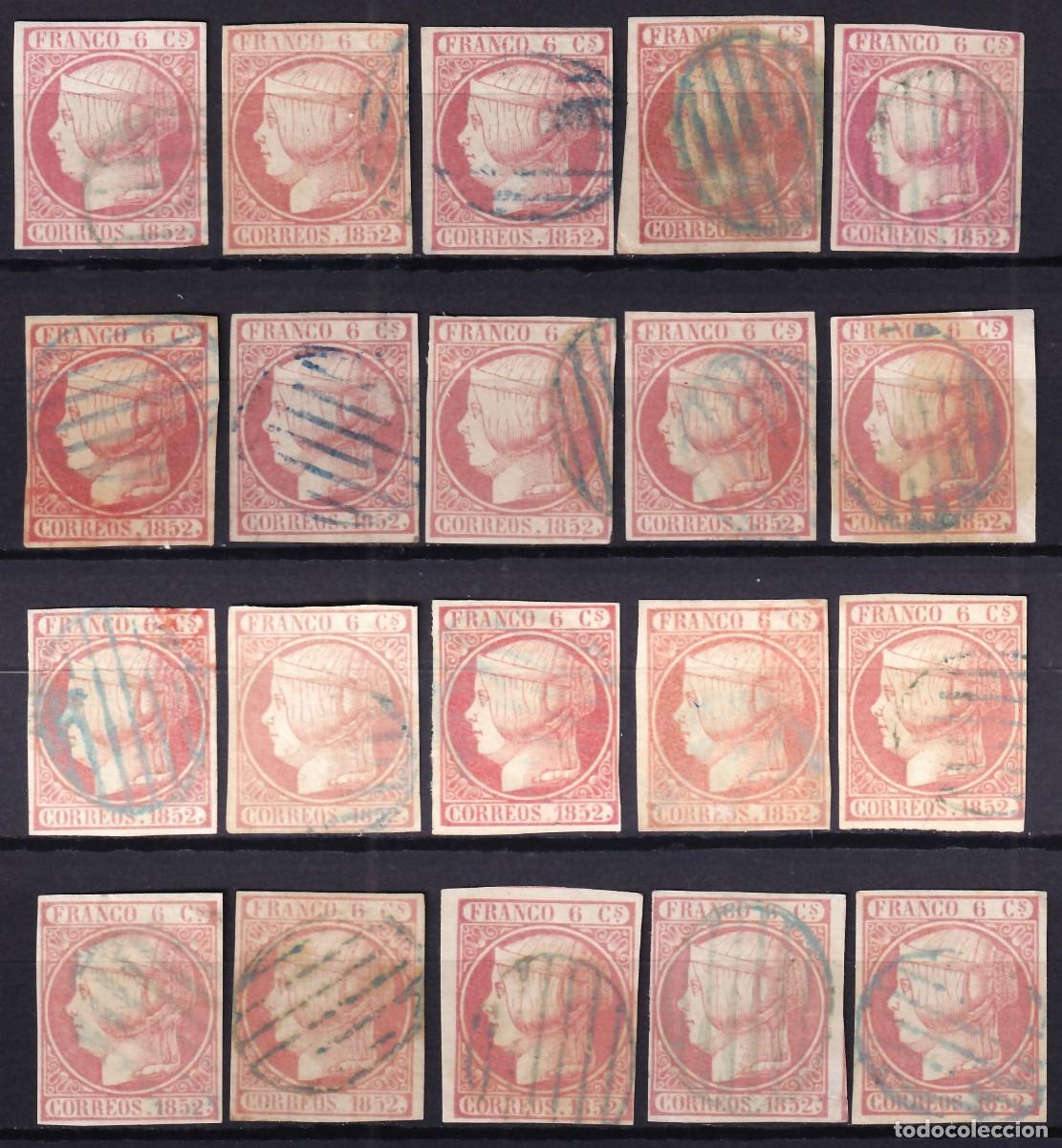 Sellos: ESPA&Ntilde;A, 1852 EDIFIL N&ordm; 6, 6 cu. rosa, rosa oscuro y carm&iacute;n, (x20), [Mat. Parrila Azul.]