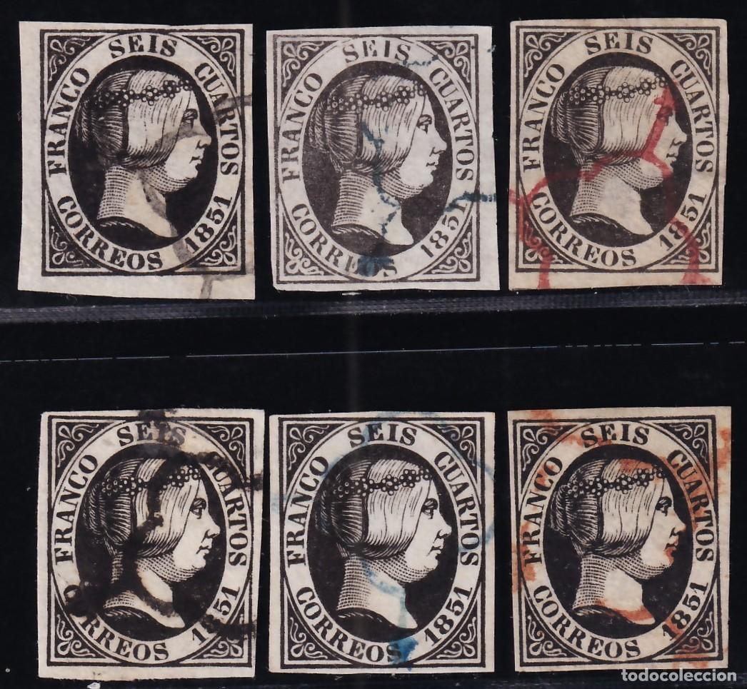 Sellos: ESPA&Ntilde;A, 1853 EDIFIL N&ordm; 6, 6p, 6 cu. negro, [Mat. Ara&ntilde;a, negra, azul y roja / Papel fino y grueso.]