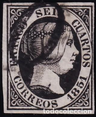 Sellos: ESPA&Ntilde;A, 1853 EDIFIL N&ordm; 6, 6 cu. negro, [Marca &rdquo;0&rdquo; de porteo.]