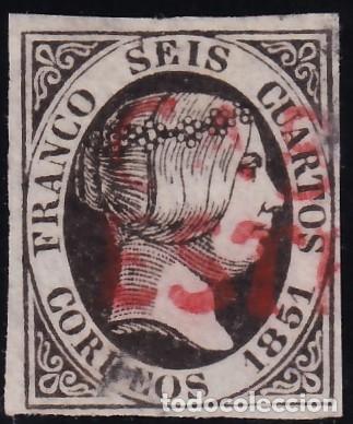 Sellos: ESPA&Ntilde;A, 1851 EDIFIL N&ordm; 6, 6 cu. negro, [Marca Prefilat&eacute;lica; CAB. DEL BUEY / EXTREMADURA.]