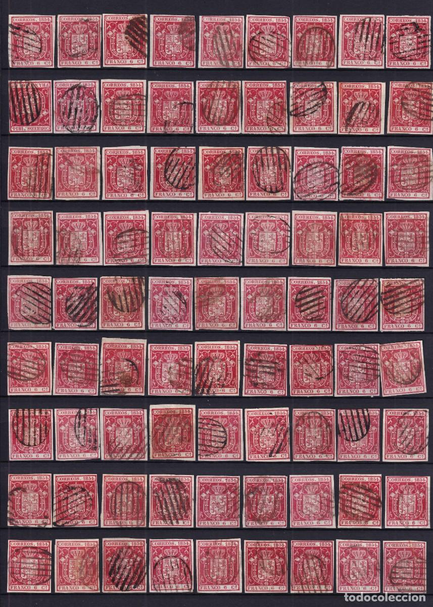 Sellos: ESPA&Ntilde;A, 1854 EDIFIL N&ordm; 24, 6 cu. carm&iacute;n, carm&iacute;n oscuro, carm&iacute;n claro, (x81)