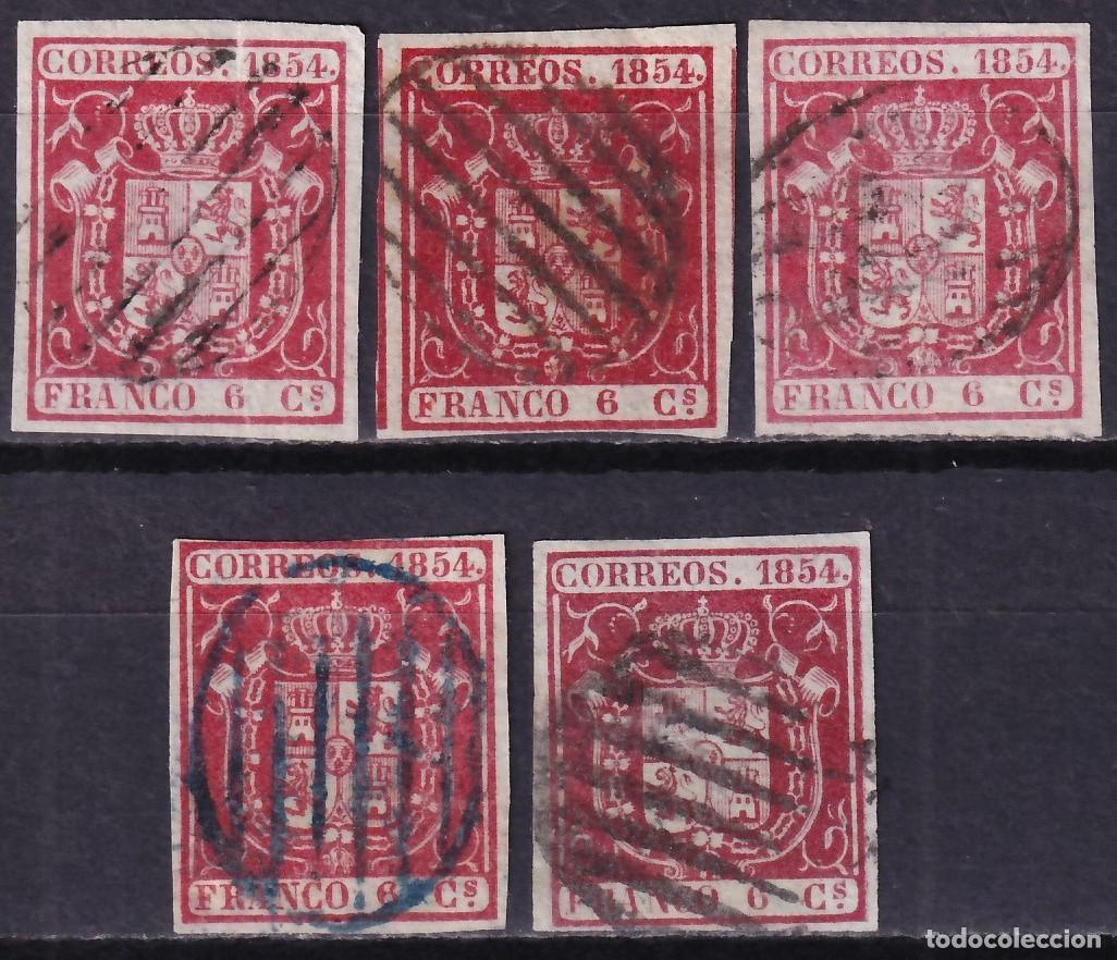 Sellos: ESPA&Ntilde;A, 1854 EDIFIL N&ordm; 24, 6 cu. carm&iacute;n, [distintos colores y papel.]