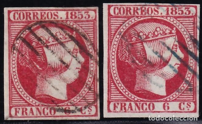 Sellos: ESPA&Ntilde;A, 1853 EDIFIL N&ordm; 17, 17a, 6 cu. rosa y rosa carminado.