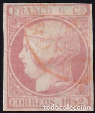 Sellos: ESPA&Ntilde;A, 1852 EDIFIL N&ordm; 12, rosa, [Mat. Fechador en Rojo.]