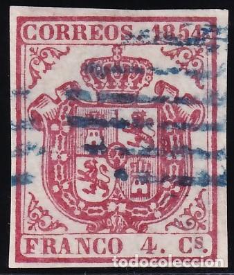 Sellos: ESPA&Ntilde;A, 1854 EDIFIL N&ordm; 33A, 6 cu. carm&iacute;n, [Mat. Parrilla abierta azul.]