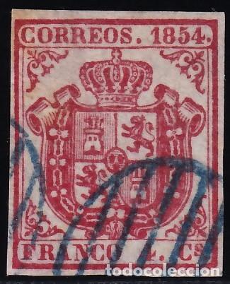 Sellos: ESPA&Ntilde;A, 1854 EDIFIL N&ordm; 33, 6 cu. carm&iacute;n, [Mat. Parrilla azul.]