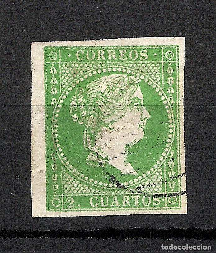 Sellos: 1855. Isabel II. 2 cuartos verde. Edifil 47. cancelado parrilla negra