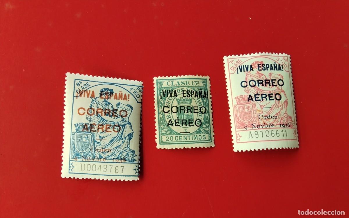 Sellos: LOTE DE DOS POLIZAS CORREO AEREO Y UN TIMBRE MOVIL MARQUILLADO TODO CON ALEGORIAS PATRIOTICAS
