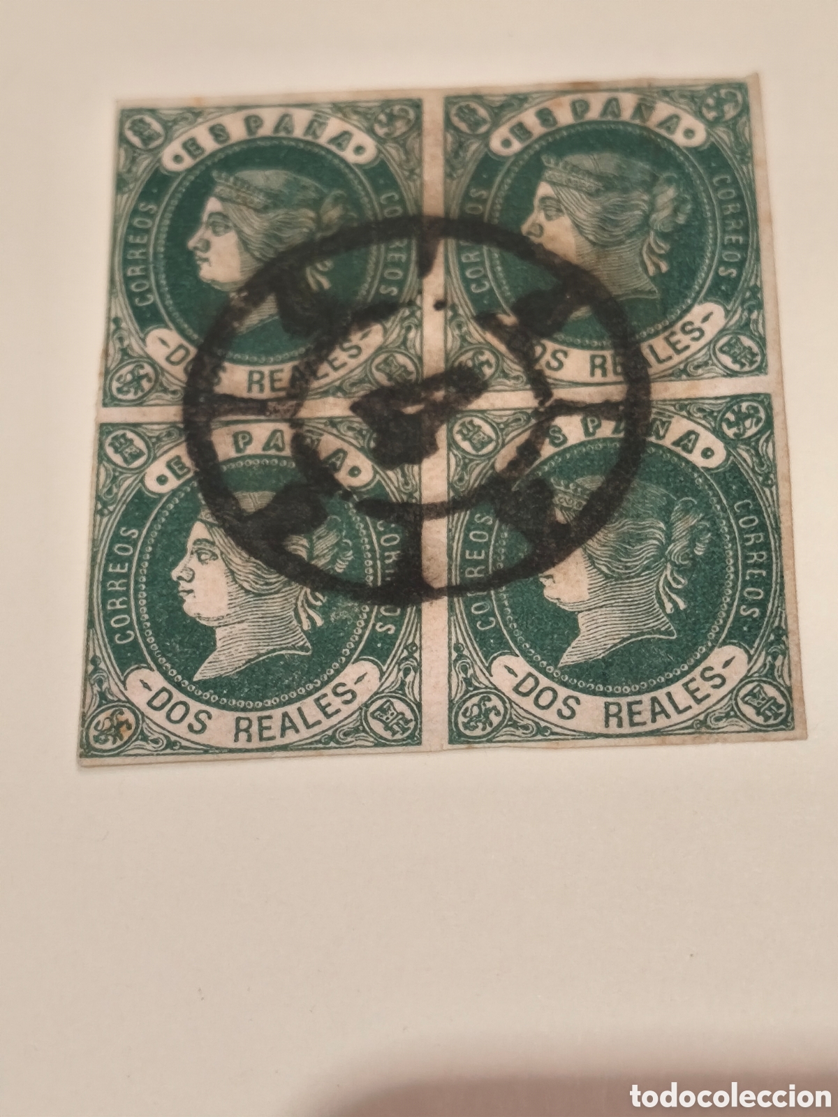 Sellos: Bloque de 4 cl&aacute;sico del n 62 usado rueda de carreta coru&ntilde;a muy escaso precioso 2 reales verde ver