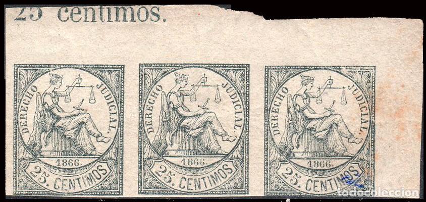 Sellos: Espa&ntilde;a - Fiscales - Derecho Judicial - 1866 - ** Tira 3 25 cts. - S/dentar - Borde hoja