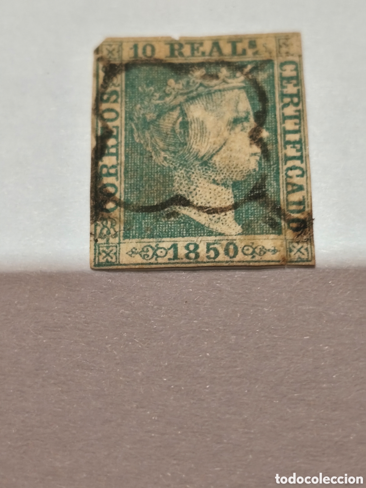 Sellos: Sello cl&aacute;sico de Espa&ntilde;a n 5 muy escaso y dif&iacute;cil ,10 reales verde usado ara&ntilde;a negra ver imagenes