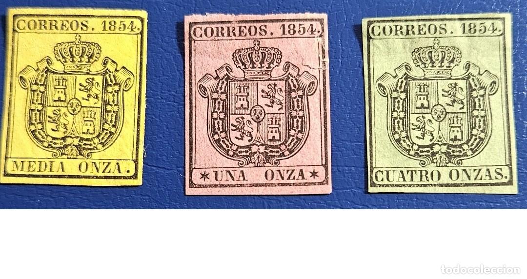 Sellos: 1854 Escudo de Espa&ntilde;a edifil 28, 29 y 30 nuevos con fijasellos