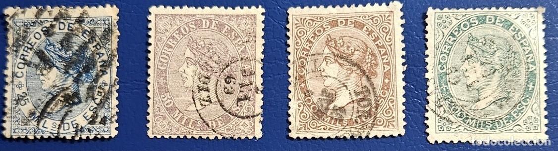 Sellos: 1868 Isabel II Edifil 97, 98, 99 y 100 usados