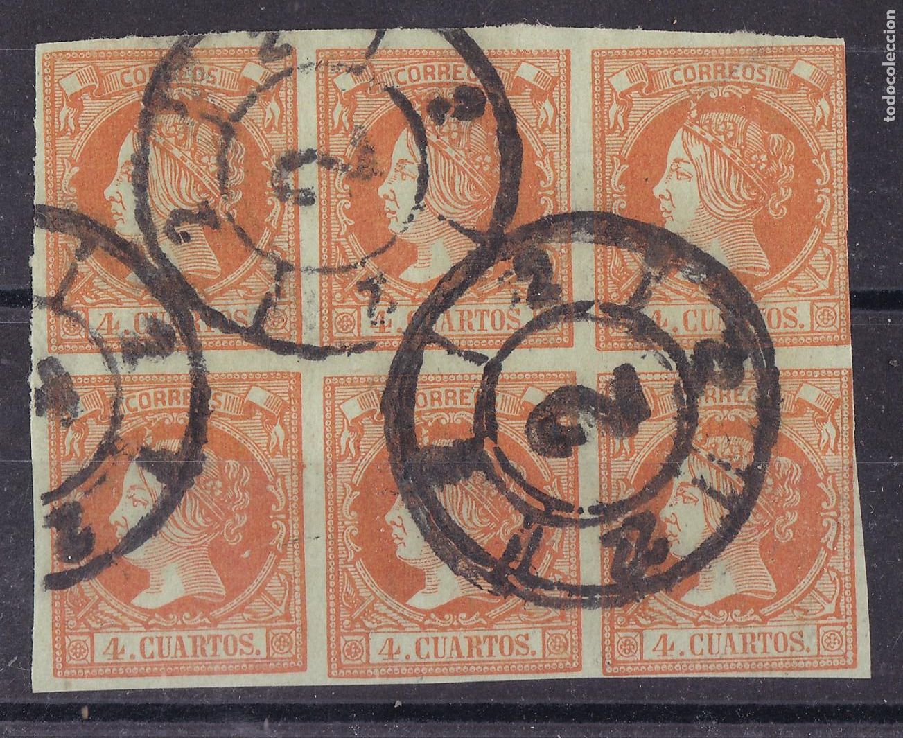 Sellos: FC-222- Cl&aacute;sicos Edifil 52 Bloque de 6 Rueda de Carreta 2 BARCELONA