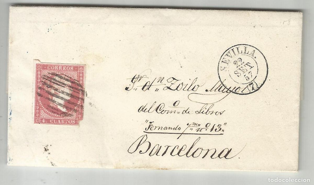 Sellos: circulada Y ESCRITA 1857 DE SEVILLA A BARCELONA CON FECHADOR DE LLEGADA