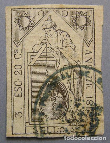 Sellos: SELLO FISCAL 5&ordm; 3. 20 CENTIMOS DE ESCUDO 1869