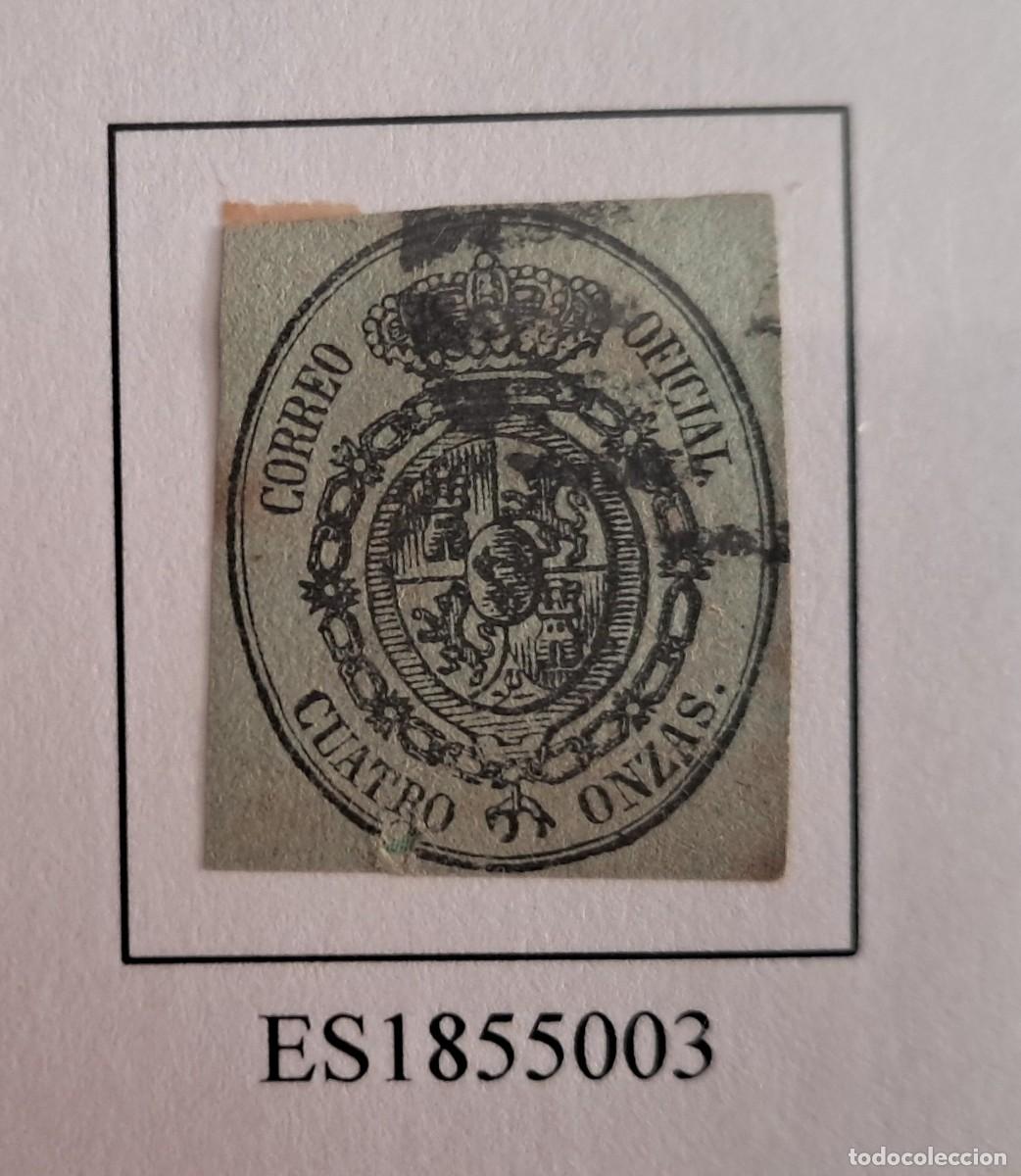Sellos: sello de Espa&ntilde;a usado, escudo de Espa&ntilde;a, cuatro onzas, a&ntilde;o 1855, edifil n&ordm; 38.