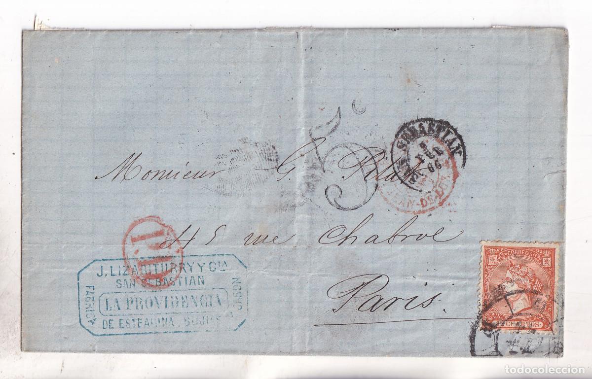 Sellos: ENVUELTA. SAN SEBASTI&Aacute;N. 1866. RUEDA DE CARRETA. A FRANCIA. 12 CUARTOS. AMBULANTE NORTE