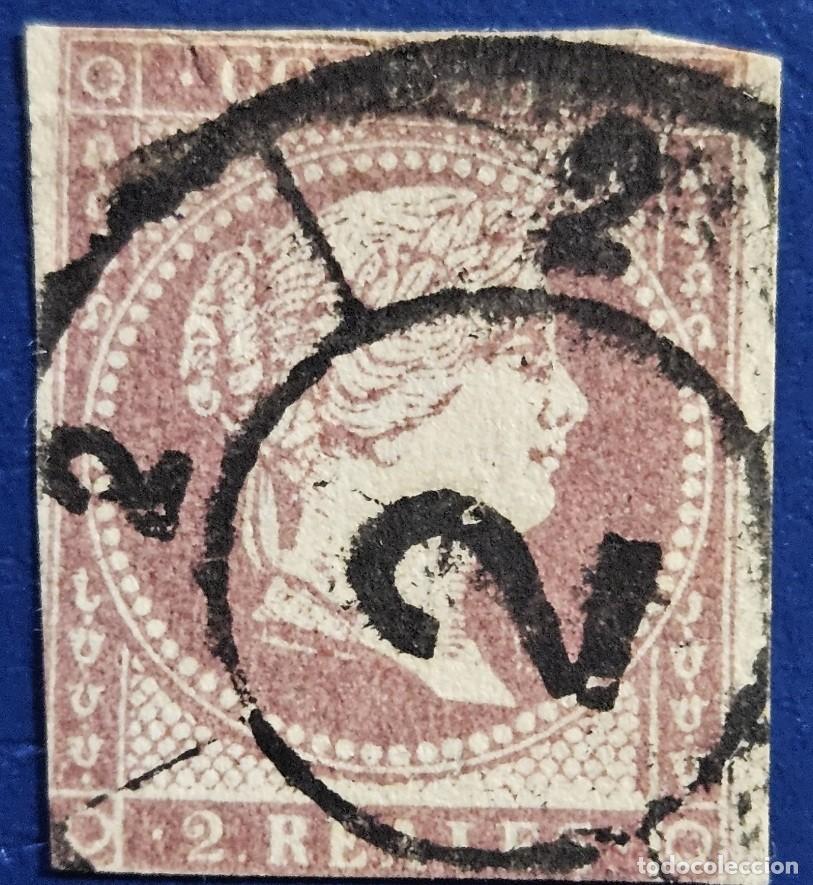 Sellos: 1855 Isabel II 2 r. Edifil 50 usado. Matasello rueda de carreta.
