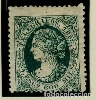 Sellos: FA7203. 1868, 1 de enero. Isabel II. Valor de 1 e. 600 mils verde NUEVO