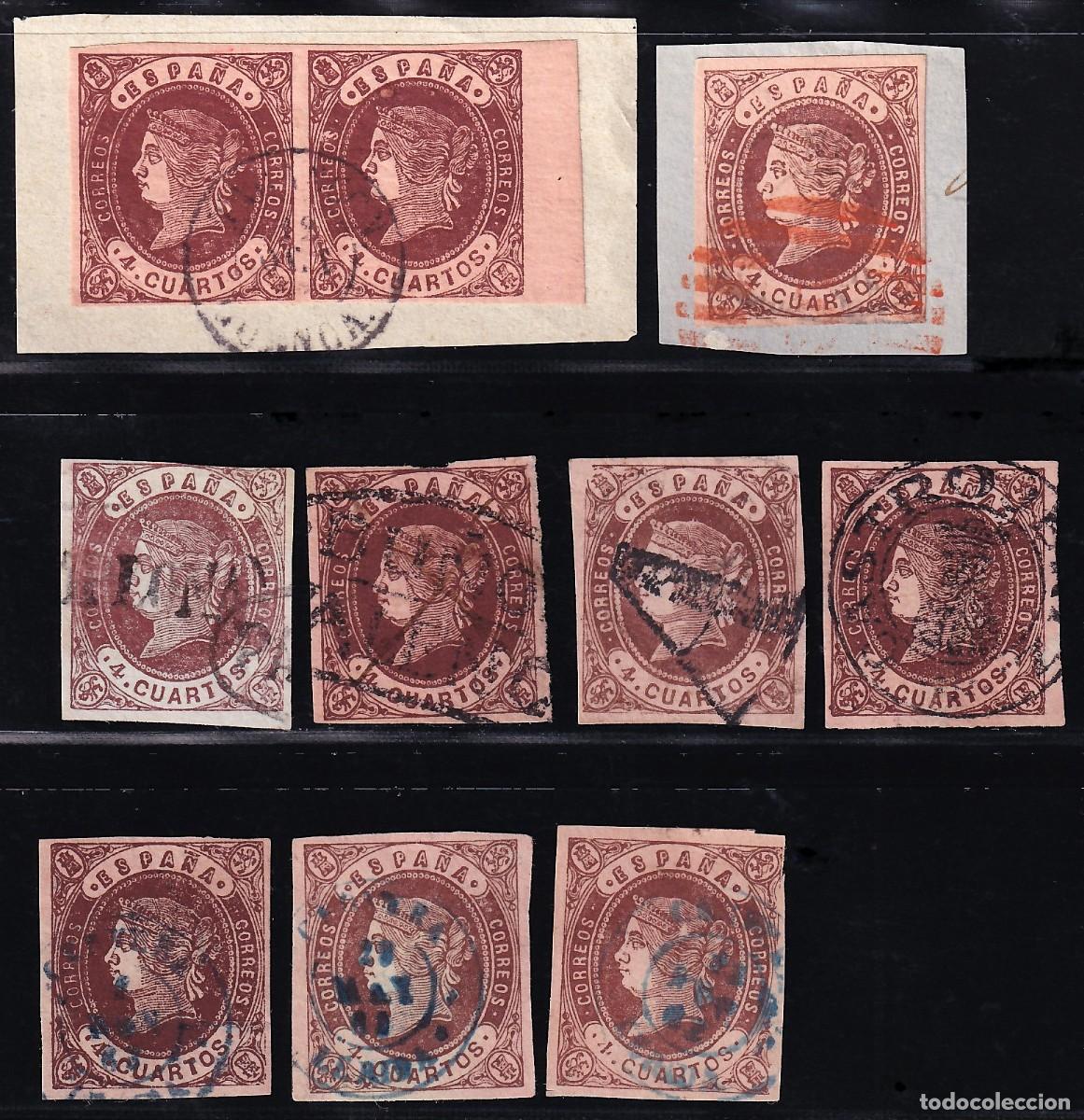 Sellos: ESPA&Ntilde;A, 1862 EDIFIL N&ordm; 58, 4 c. casta&ntilde;o, [Mat. Prefilat&eacute;licos, Fechadores en azul, Porteos. etc.]
