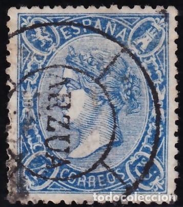 Sellos: ESPA&Ntilde;A, 1865 EDIFIL N&ordm; 75, 4 cu. azul, [Mat. Rueda de Carreta &rdquo;ARZUA&rdquo;]