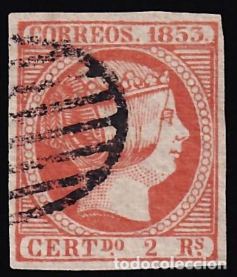 Sellos: ESPA&Ntilde;A, 1853 EDIFIL N&ordm; 19, 2 r. bermell&oacute;n,