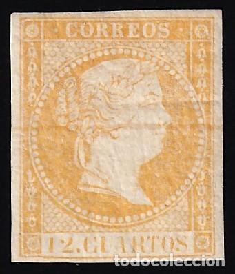 Sellos: ESPA&Ntilde;A, 1855 EDIFIL N&ordm; NE 1AM. /*/, 12 cu naranja oscuro, [Raya horizontal de tinta, MUESTRA.]