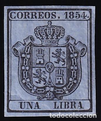 Sellos: ESPA&Ntilde;A, 1854 EDIFIL N&ordm; 31 /*/, 1 l. negro s. azul