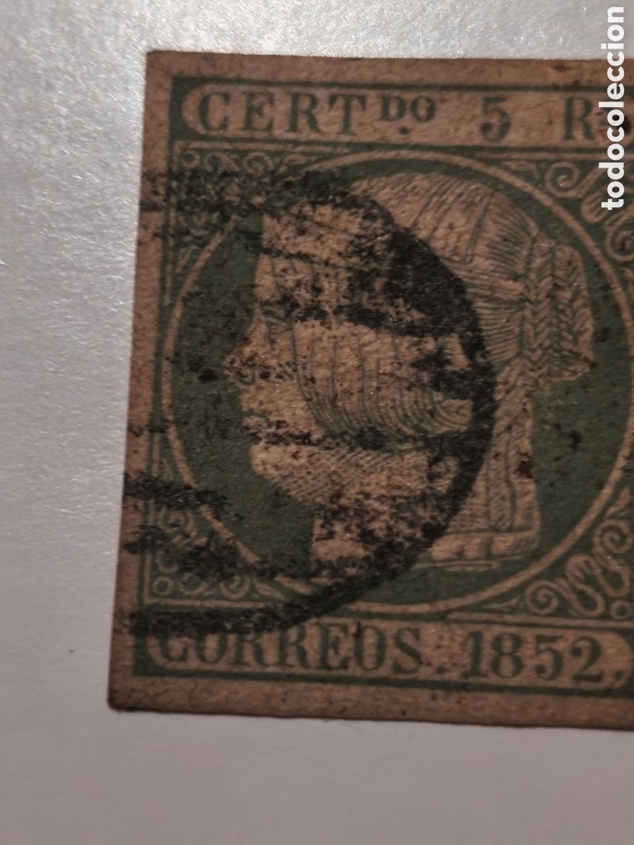 Sellos: Sello cl&aacute;sico de Espa&ntilde;a n 15 usado parrilla negra 5 reales verde escaso ver