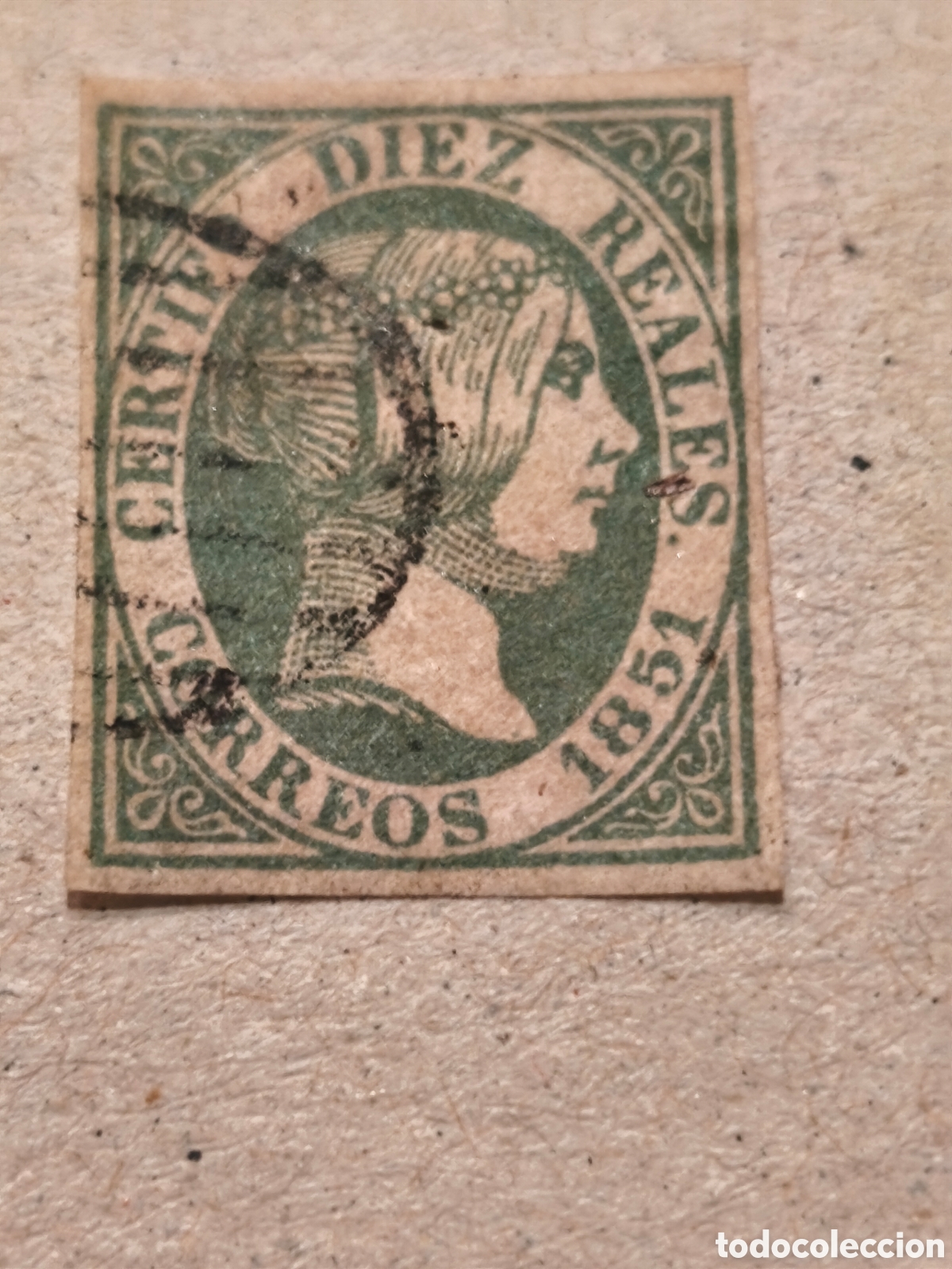 Sellos: Sello clasicob de Espa&ntilde;a n 10 usado ,parrilla negra,6 reales verde,ver