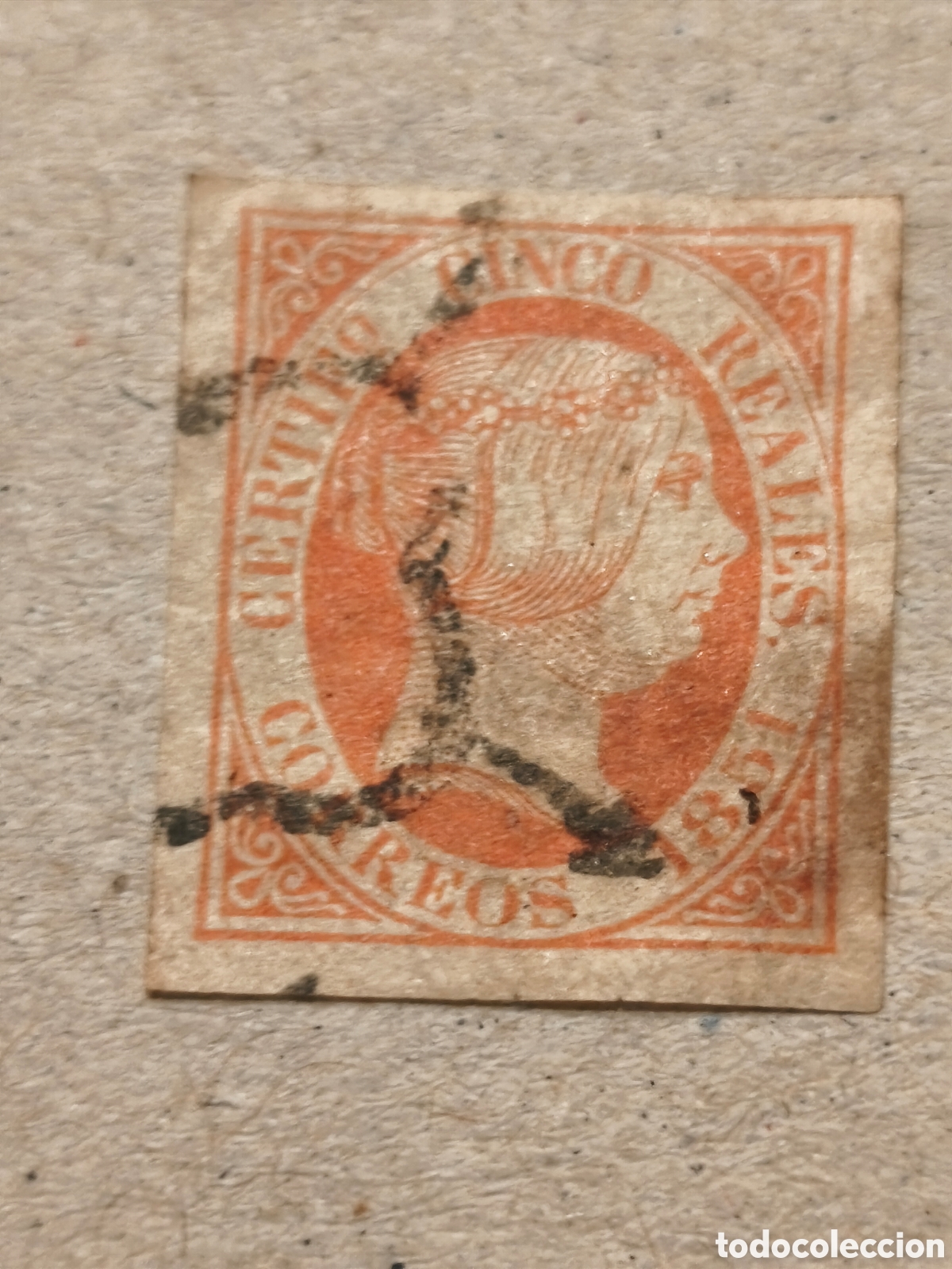 Sellos: Sellobclasico de Espa&ntilde;a n 9 usado ara&ntilde;a negra muy escaso 5 reales rojo ver imagenes
