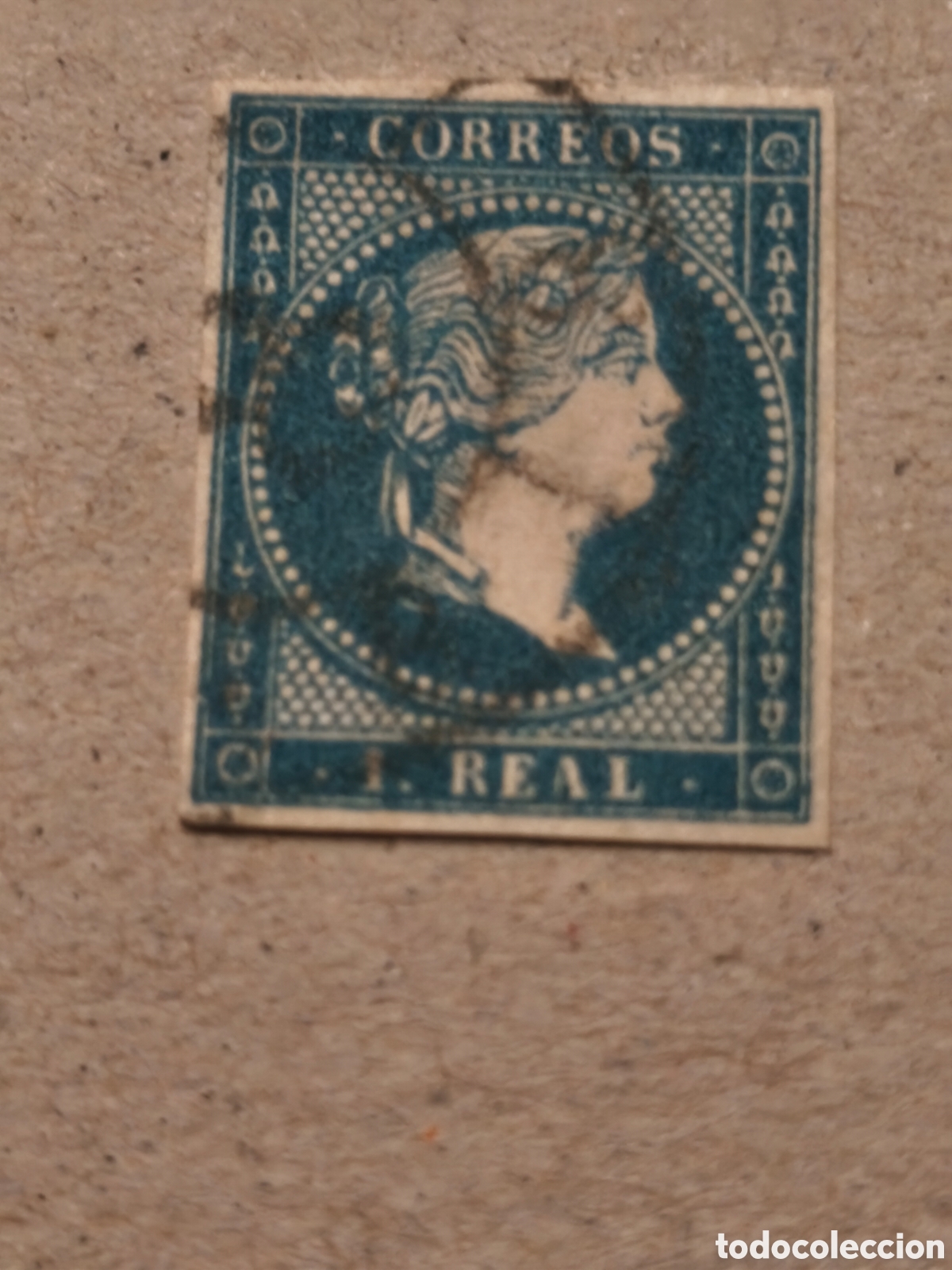 Sellos: Sello cl&aacute;sico de Espa&ntilde;a n 49 papel blanco ,usado ,1 real azul , rueda de carreta ver im&aacute;genescaso