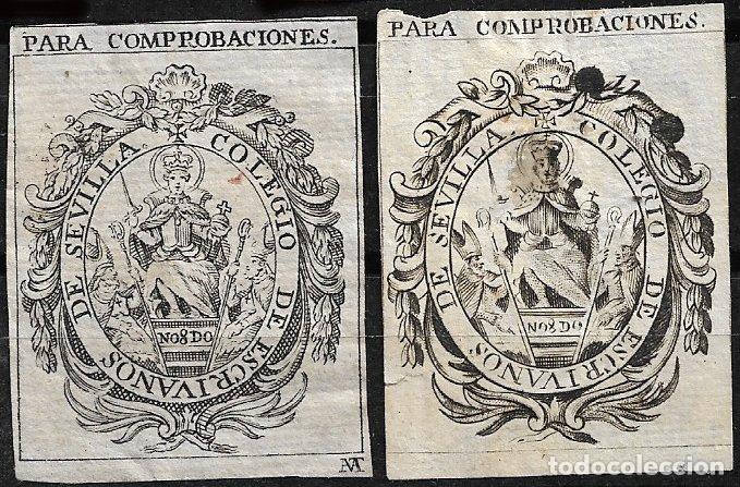 Sellos: COMPROBACIONES Colegio de Escrivanos de Sevilla, usados, con variedades