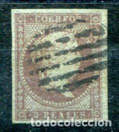Sellos: Edifil 42. Isabel II. 2 reales, filigrana lazos. Muy bonito. Matasellado.