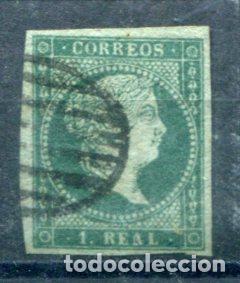 Francobolli: Edifil 41. 1 real Isabel II, filigrana lazos. Precioso.