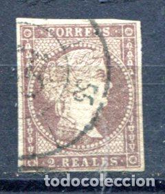 Francobolli: Edifil 46. 2 reales Isabel II, filigrana limeas. Precioso.